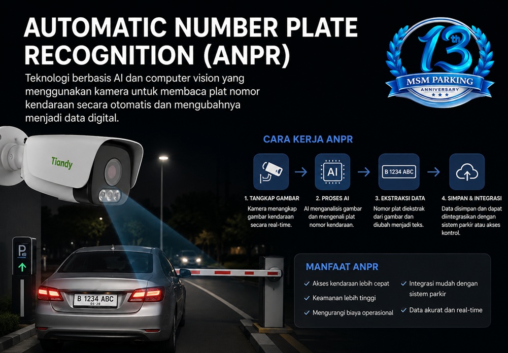 Automatic Number Plate Recognition (ANPR) adalah teknologi berbasis AI dan computer vision yang menggunakan kamera untuk membaca plat nomor kendaraan secara otomatis dan mengubahnya menjadi data digital
