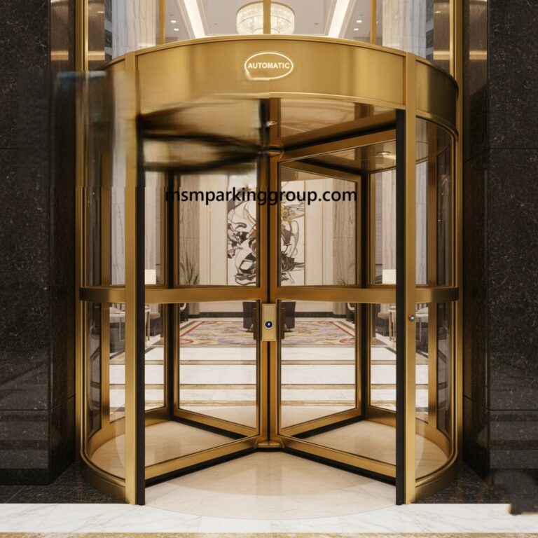pintu revolving bandung, pintu putar otomatis, jasa pembuatan pintu otomatis bandung, pintu lobby hotel, pintu otomatis custom, pintu revolving stainless, produksi pintu otomatis Bandung, MSM Parking Group, pintu akses gedung modern, pintu otomatis sensor