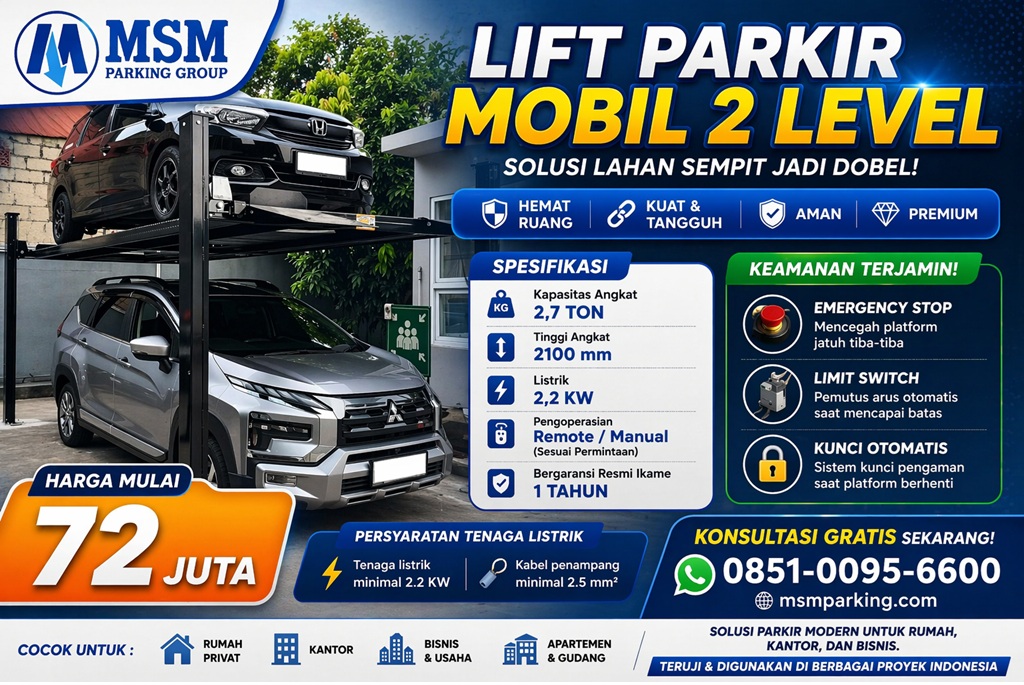 MSM Parking menghadirkan Lift Parkir Mobil Import, solusi parkir tingkat yang memungkinkan Anda memarkir dua mobil di satu slot parkir yang sama. Modern, efisien, dan berstandar internasional.